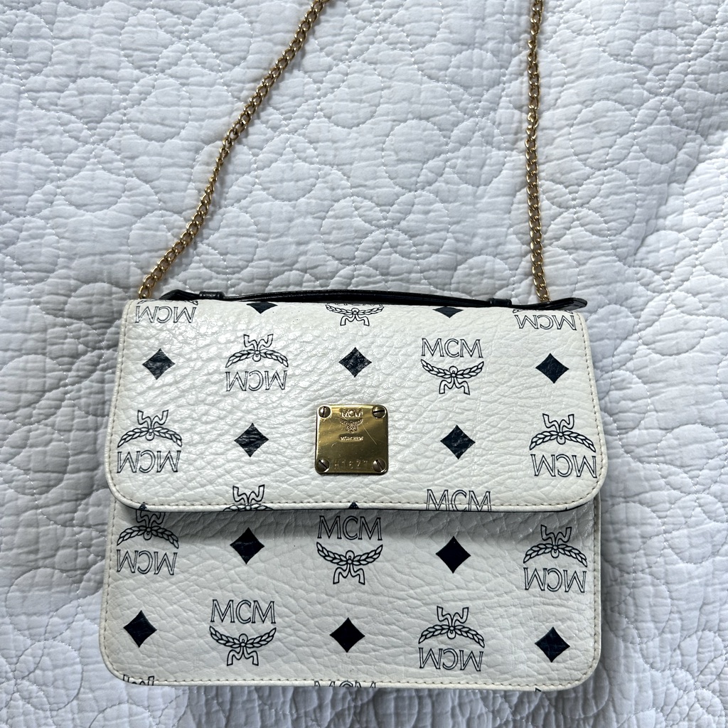 Mcm White And Blue Crossbody Bag With Gold Chain